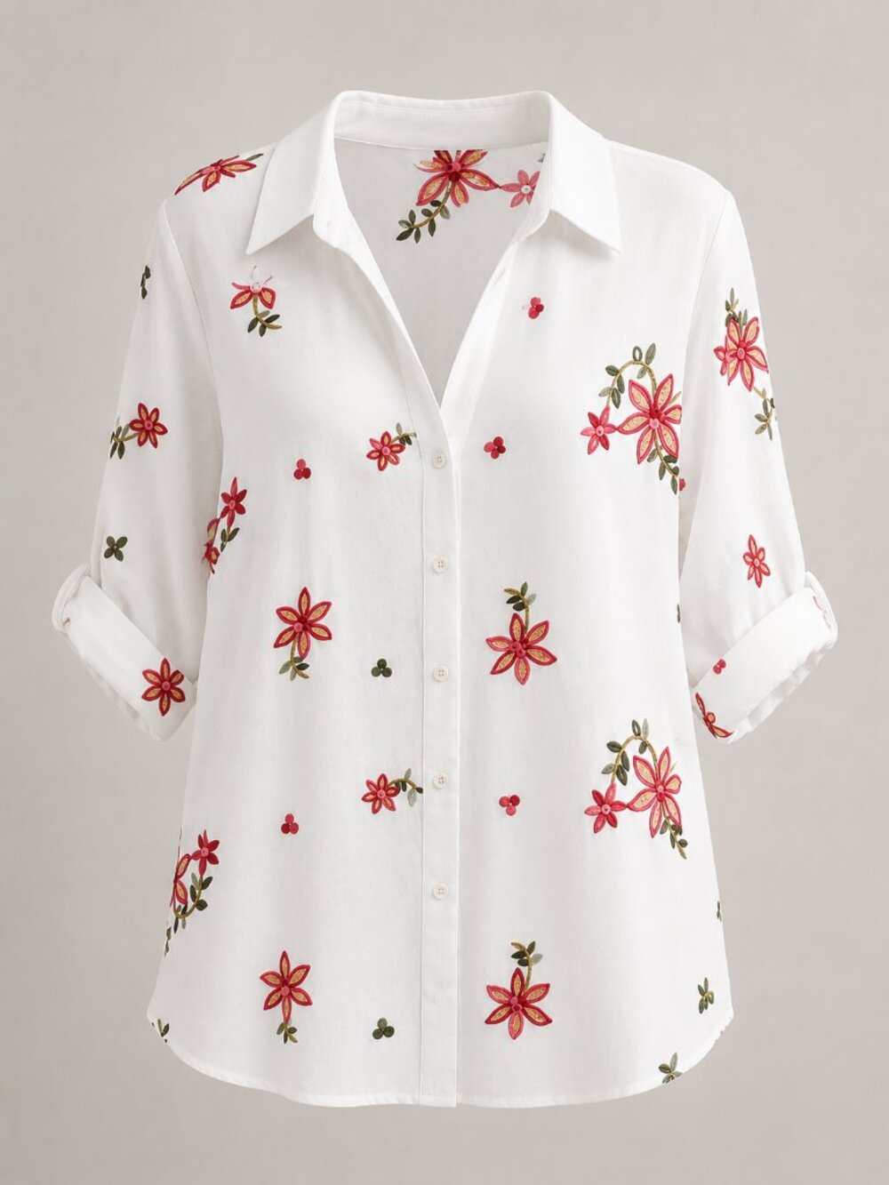 Kindred 2X White Embroidered Floral Button Front Blouse Sheer Roll Tab Sleeve